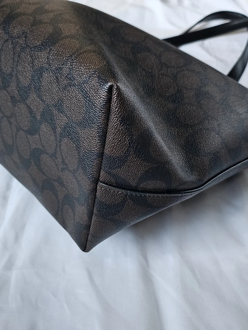 COACH Brown Signature Canvas Tote with Black Leather Straps
